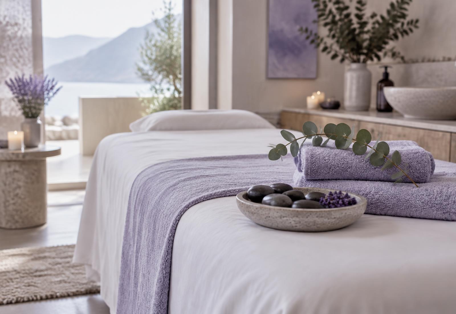 Calm massage room with warm stones and lavender towels